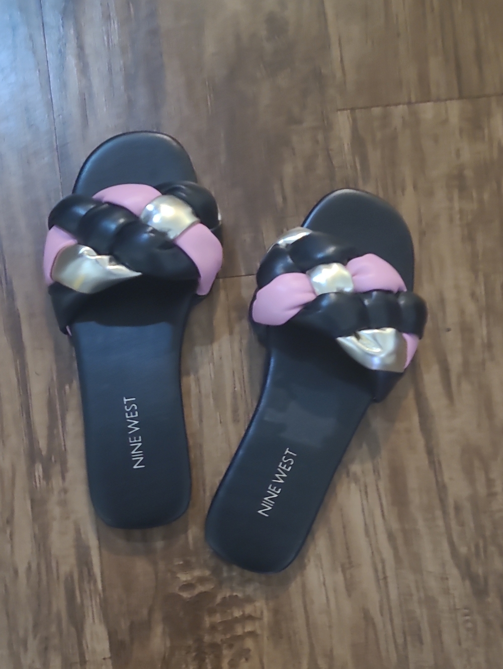 Nine West Black, Pink & Gold Braided Slide Sandals